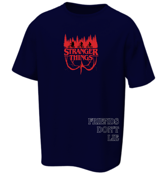 Stranger Things “Friends Don’t Lie” Oversized Tee | Premium Navy Graphic Shirt